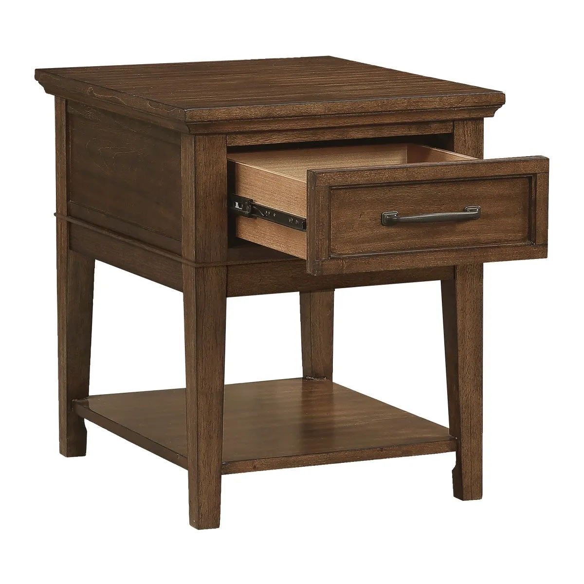 Walnut Finish Birch Veneer End Table with Drawer and Shelf