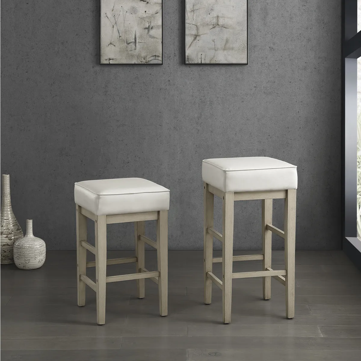 White Bar Height Stool with Faux Leather Upholstery - Set of 2