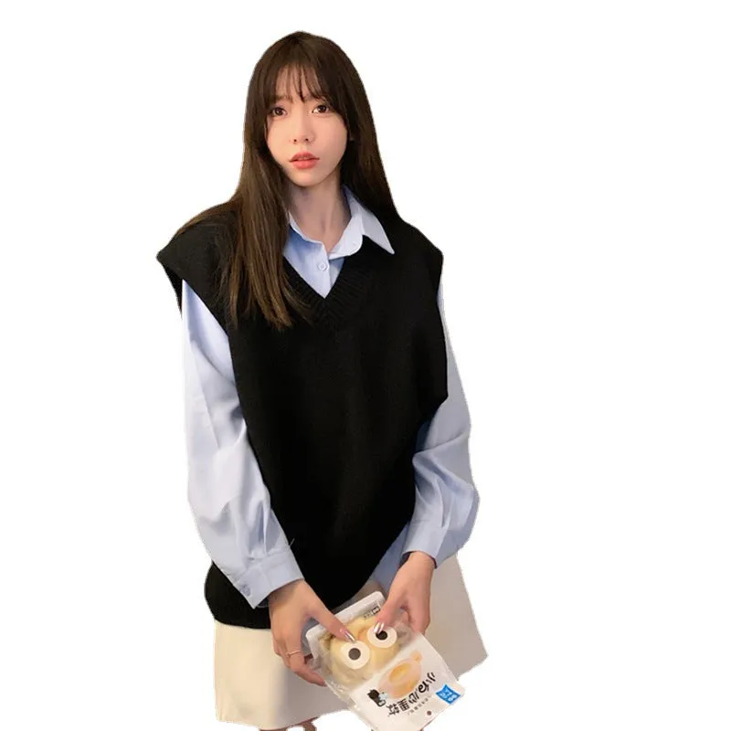 Wjczt going out outfits Klein Blue Solid Color Sweater Vest Knitted Coat Women's Clothing Autumn and Winter 2024 New Outdoor V-neck Top