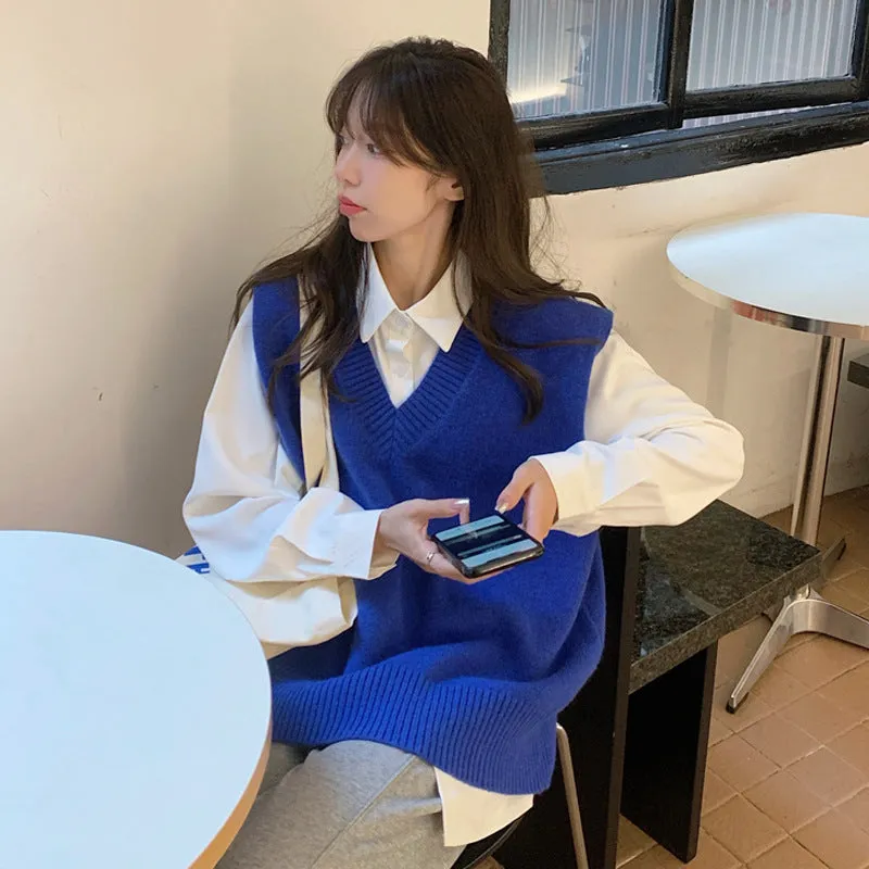 Wjczt going out outfits Klein Blue Solid Color Sweater Vest Knitted Coat Women's Clothing Autumn and Winter 2024 New Outdoor V-neck Top