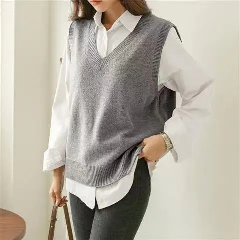 Wjczt going out outfits Klein Blue Solid Color Sweater Vest Knitted Coat Women's Clothing Autumn and Winter 2024 New Outdoor V-neck Top