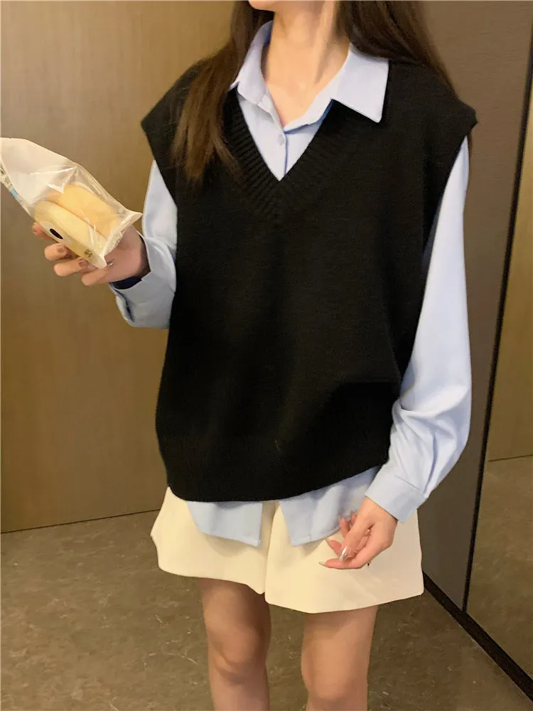 Wjczt going out outfits Klein Blue Solid Color Sweater Vest Knitted Coat Women's Clothing Autumn and Winter 2024 New Outdoor V-neck Top