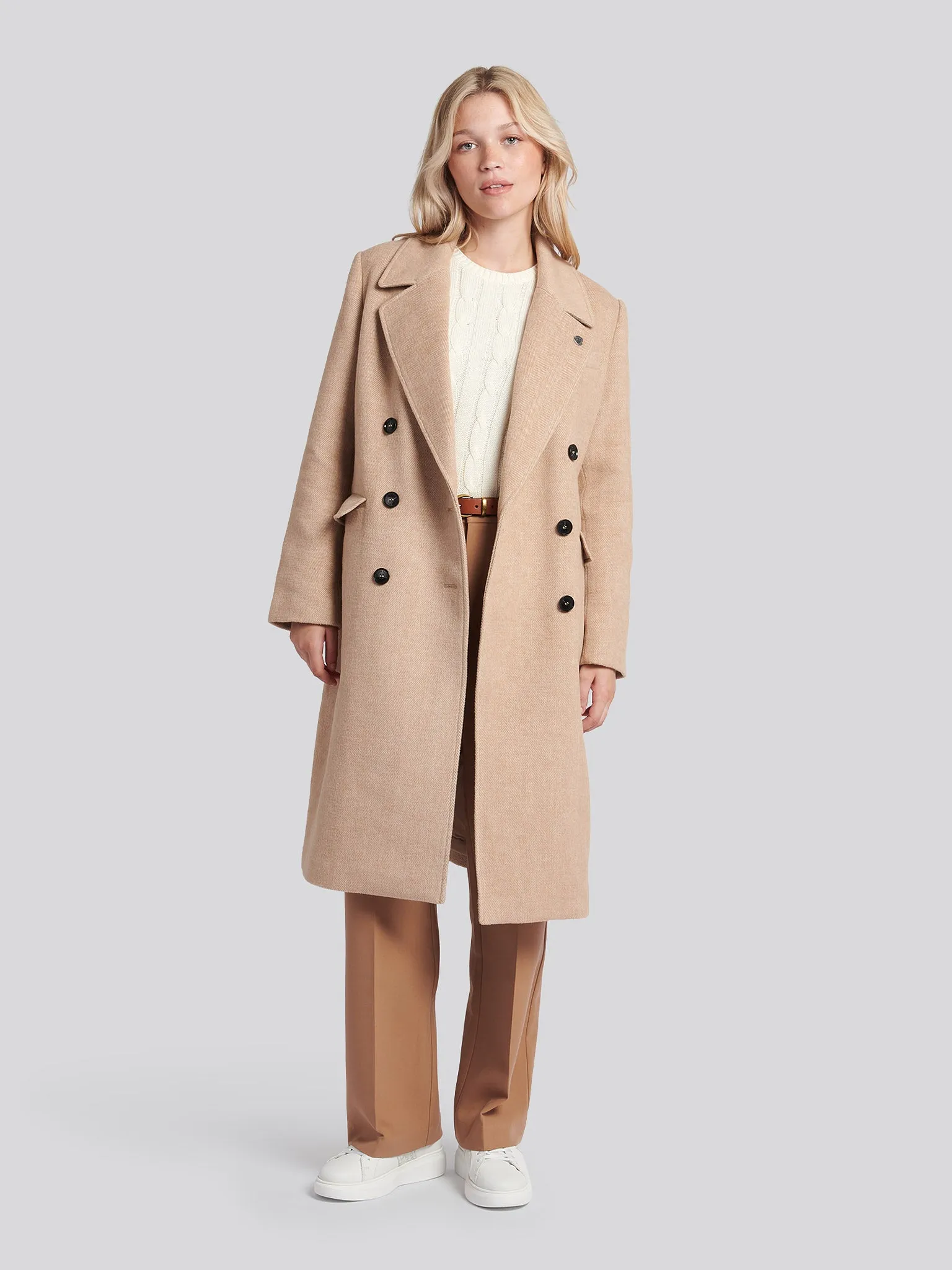 Womens Herringbone Double Breasted Coat in Pecan Brown