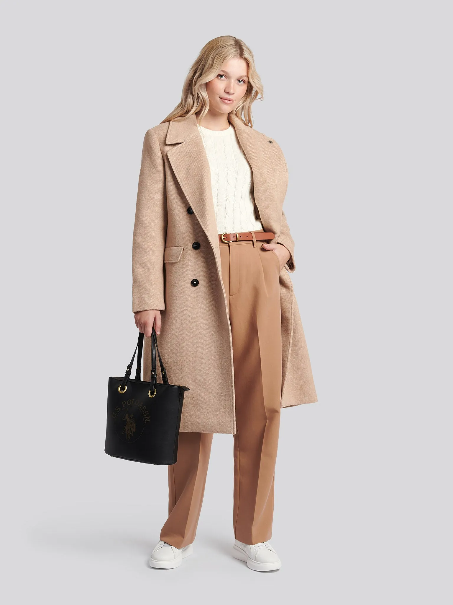 Womens Herringbone Double Breasted Coat in Pecan Brown