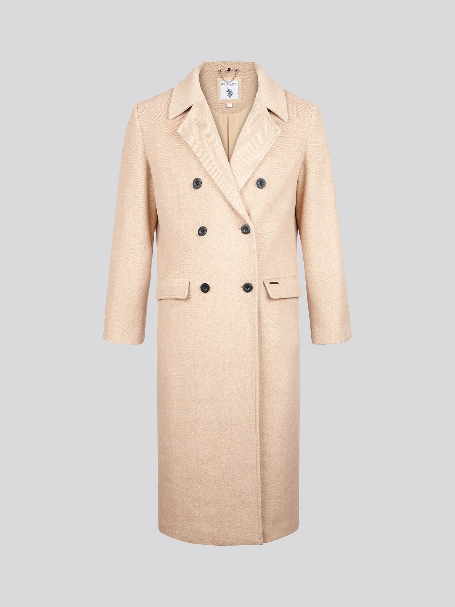Womens Herringbone Double Breasted Coat in Pecan Brown